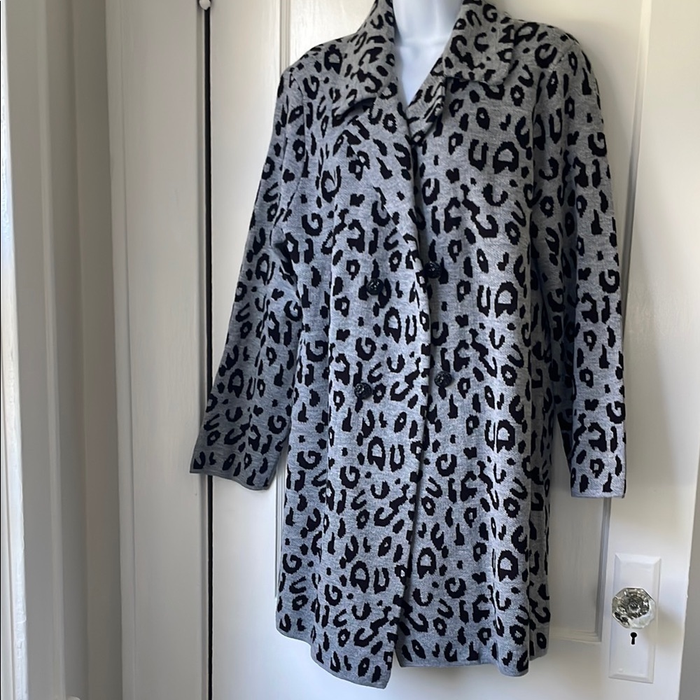 NWT Anne Klein Grey Leopard Print Notch Collar Blazer Sweater Knit Coatigan